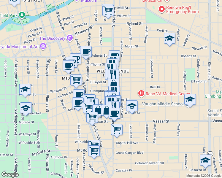 map of restaurants, bars, coffee shops, grocery stores, and more near 1025 South Wells Avenue in Reno