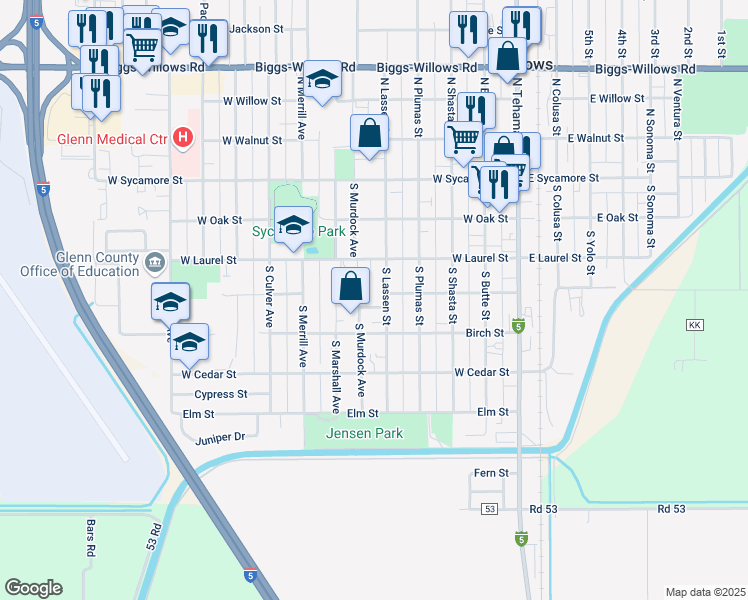 map of restaurants, bars, coffee shops, grocery stores, and more near 512 Maple Street in Willows