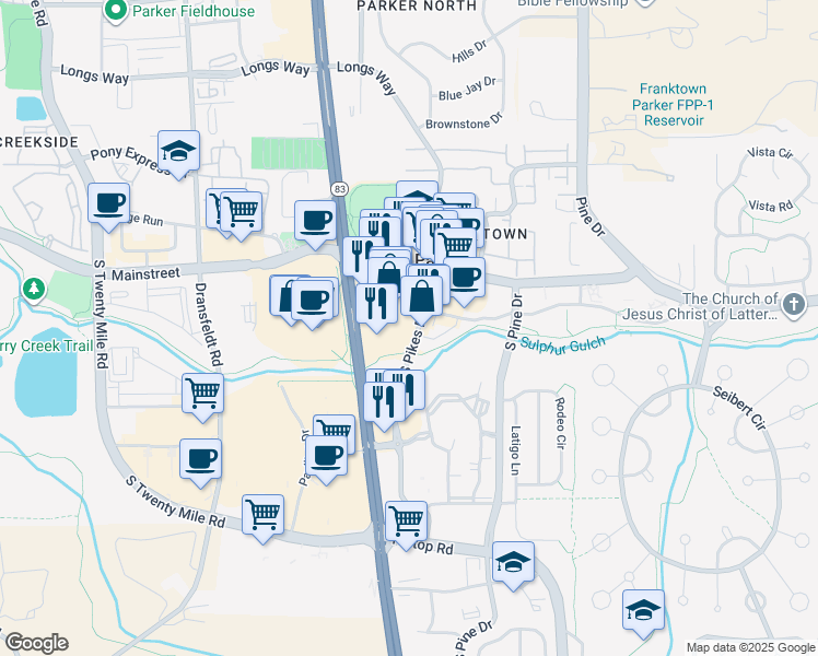 map of restaurants, bars, coffee shops, grocery stores, and more near Sulphur Gulch Trail in Parker