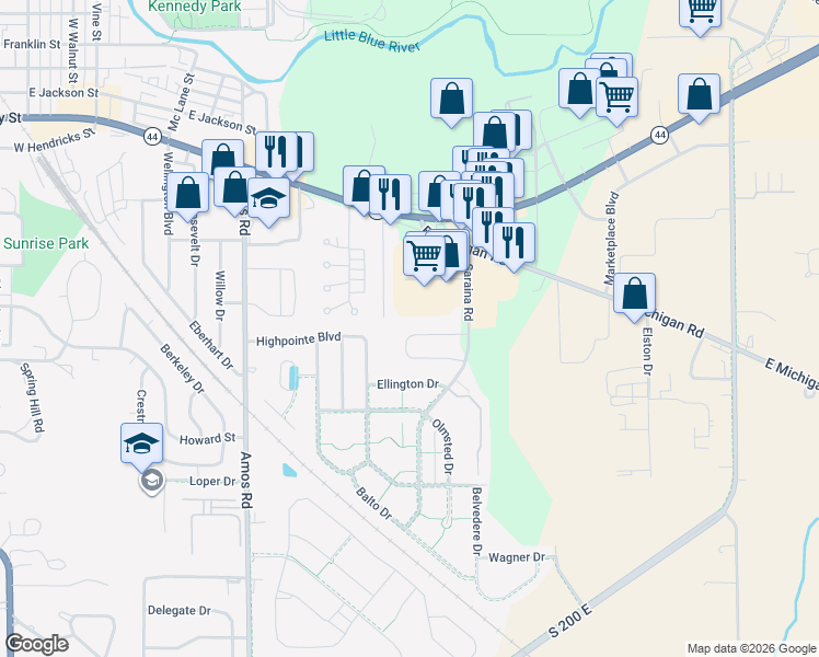 map of restaurants, bars, coffee shops, grocery stores, and more near 1340 Ellington Dr in Shelbyville