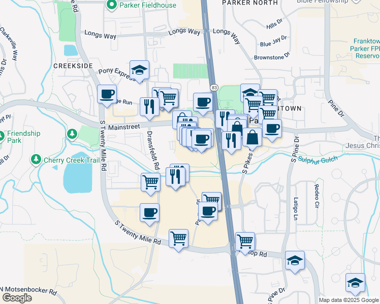 map of restaurants, bars, coffee shops, grocery stores, and more near 11001 South Parker Road in Parker