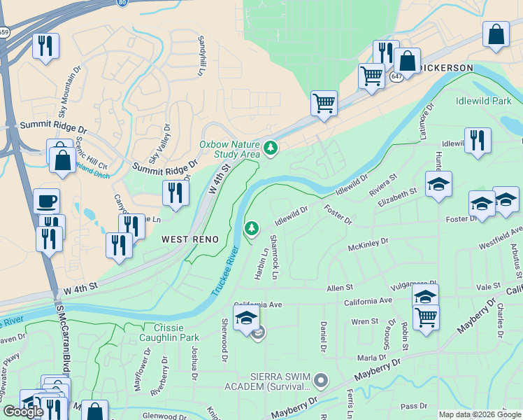 map of restaurants, bars, coffee shops, grocery stores, and more near 2951 Idlewild Drive in Reno