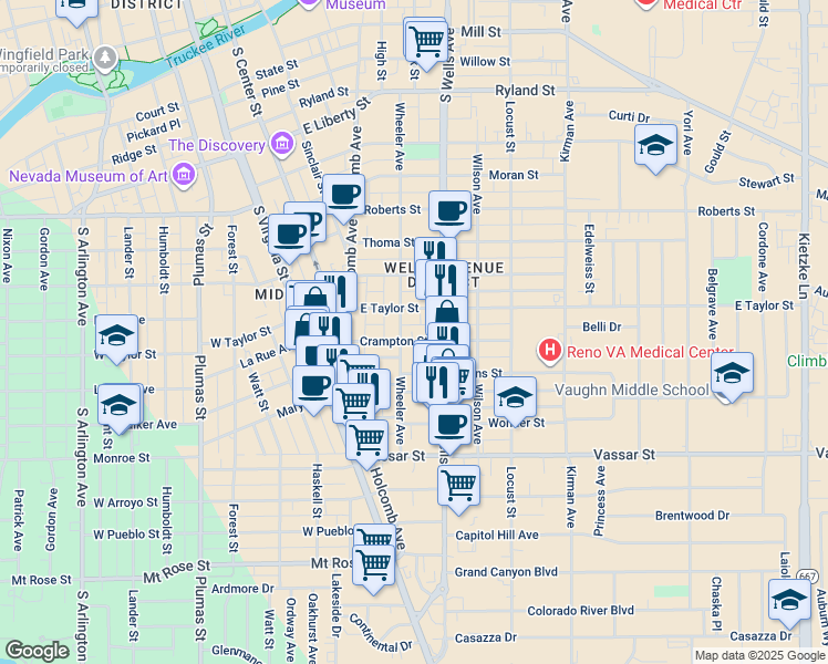 map of restaurants, bars, coffee shops, grocery stores, and more near 1001 Wheeler Avenue in Reno