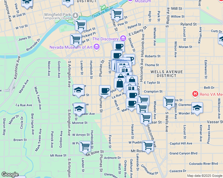 map of restaurants, bars, coffee shops, grocery stores, and more near 800 Forest Street in Reno