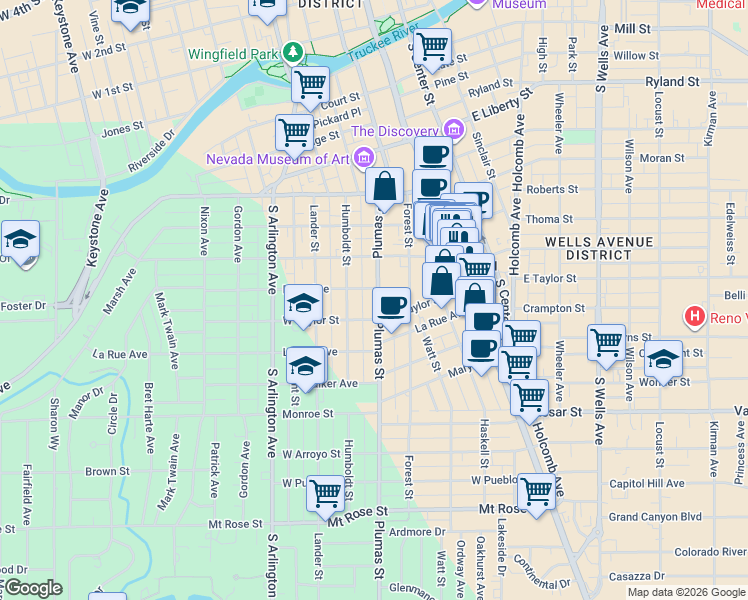 map of restaurants, bars, coffee shops, grocery stores, and more near 912 Plumas Street in Reno