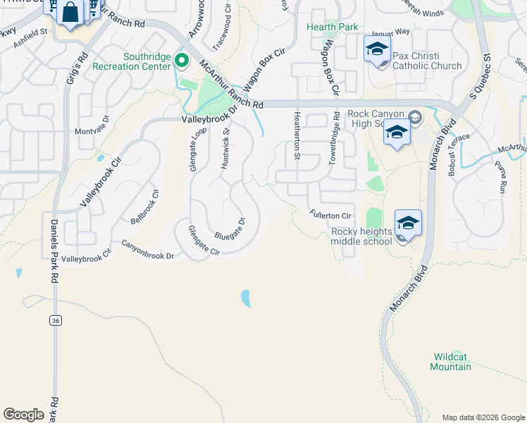 map of restaurants, bars, coffee shops, grocery stores, and more near 10977 Glengate Circle in Littleton