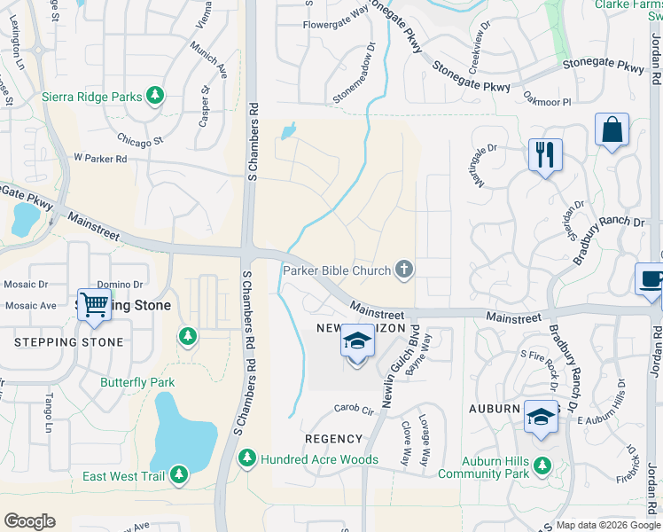 map of restaurants, bars, coffee shops, grocery stores, and more near 15539 Gilpin Avenue in Parker