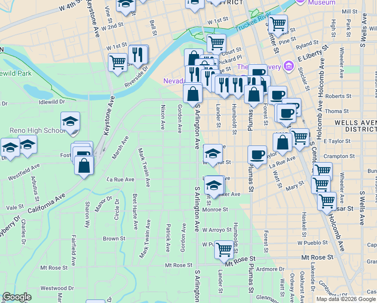 map of restaurants, bars, coffee shops, grocery stores, and more near 836 Gordon Avenue in Reno