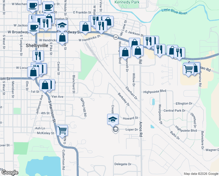 map of restaurants, bars, coffee shops, grocery stores, and more near 522 Howard Street in Shelbyville