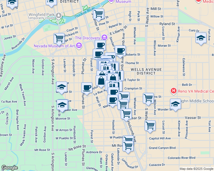 map of restaurants, bars, coffee shops, grocery stores, and more near 95 La Rue Avenue in Reno