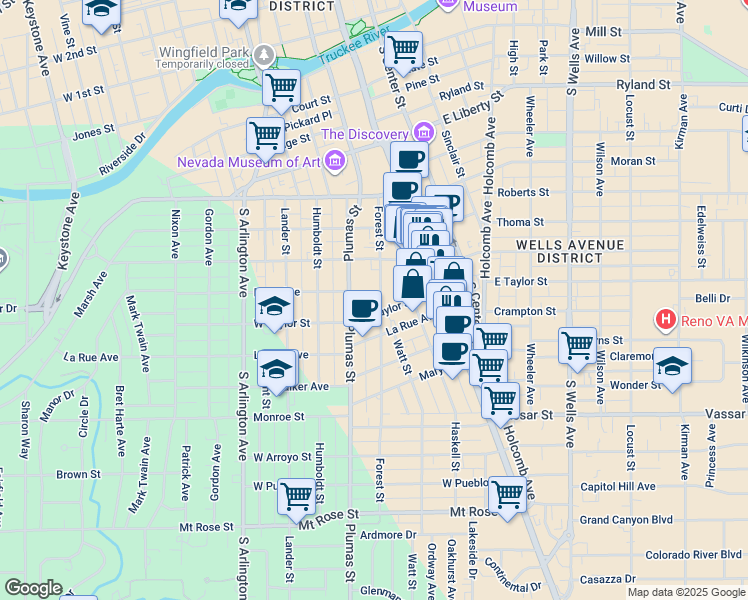 map of restaurants, bars, coffee shops, grocery stores, and more near 800 Forest Street in Reno
