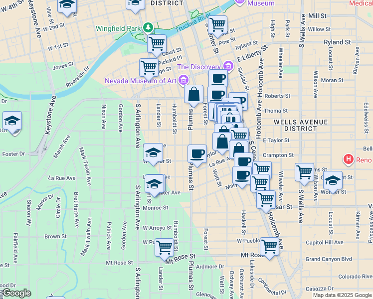map of restaurants, bars, coffee shops, grocery stores, and more near 912 Plumas Street in Reno