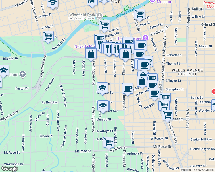 map of restaurants, bars, coffee shops, grocery stores, and more near 895 Lander Street in Reno