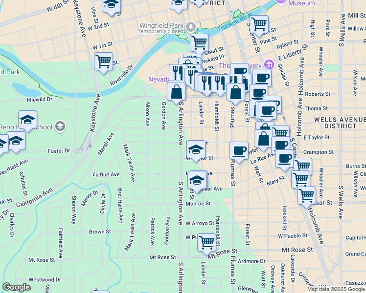 map of restaurants, bars, coffee shops, grocery stores, and more near 453 West Taylor Street in Reno