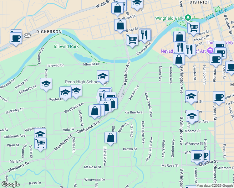 map of restaurants, bars, coffee shops, grocery stores, and more near 690 Booth Street in Reno