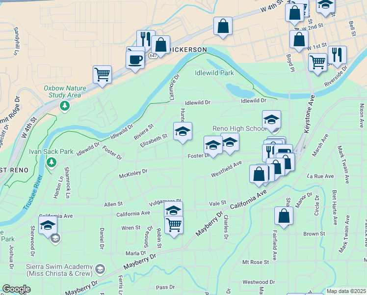 map of restaurants, bars, coffee shops, grocery stores, and more near 350 Hunter Lake Drive in Reno