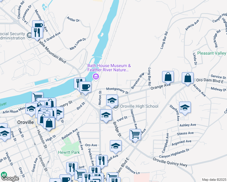 map of restaurants, bars, coffee shops, grocery stores, and more near 2843 Montgomery Street in Oroville