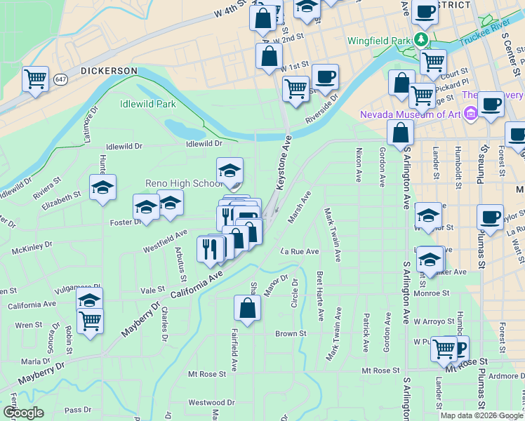 map of restaurants, bars, coffee shops, grocery stores, and more near 690 Booth Street in Reno