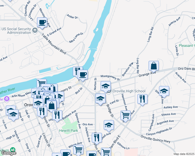 map of restaurants, bars, coffee shops, grocery stores, and more near 1325 Norton Street in Oroville