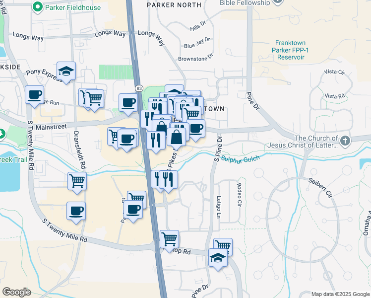 map of restaurants, bars, coffee shops, grocery stores, and more near 19766 Pikes Peak Avenue in Parker