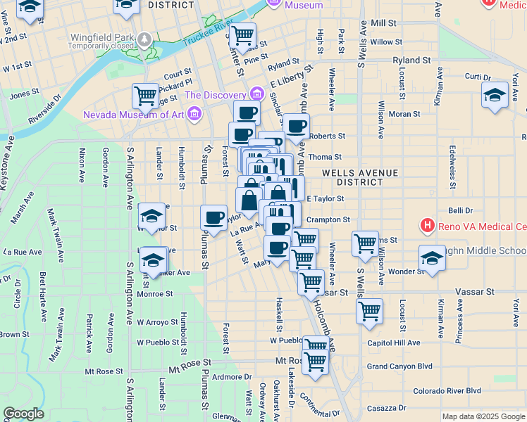 map of restaurants, bars, coffee shops, grocery stores, and more near 95 La Rue Avenue in Reno