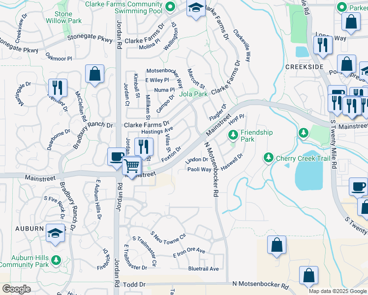 map of restaurants, bars, coffee shops, grocery stores, and more near 17062 Foxton Drive in Parker