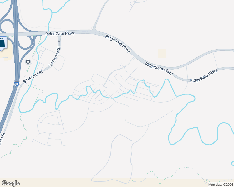 map of restaurants, bars, coffee shops, grocery stores, and more near RidgeGate Parkway in Parker