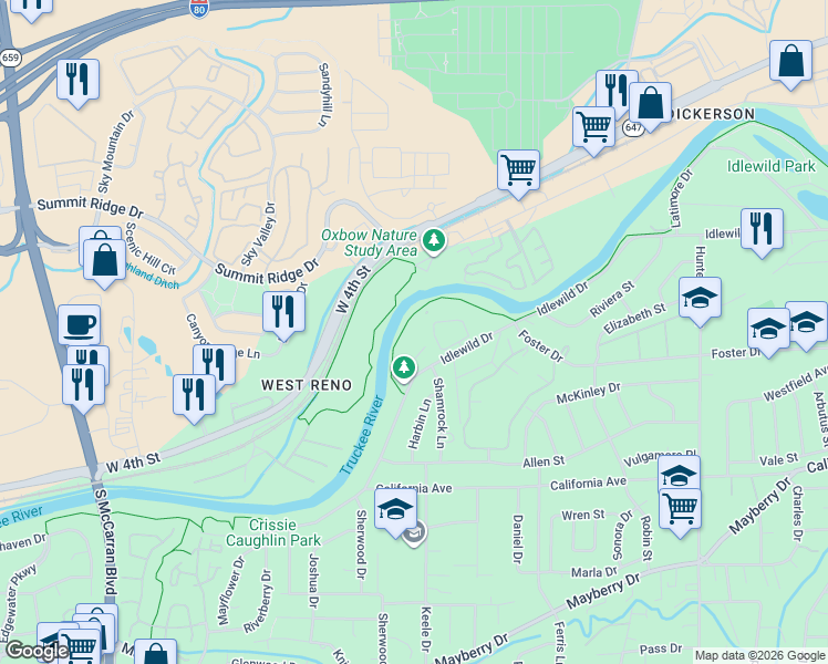 map of restaurants, bars, coffee shops, grocery stores, and more near 2875 Idlewild Drive in Reno