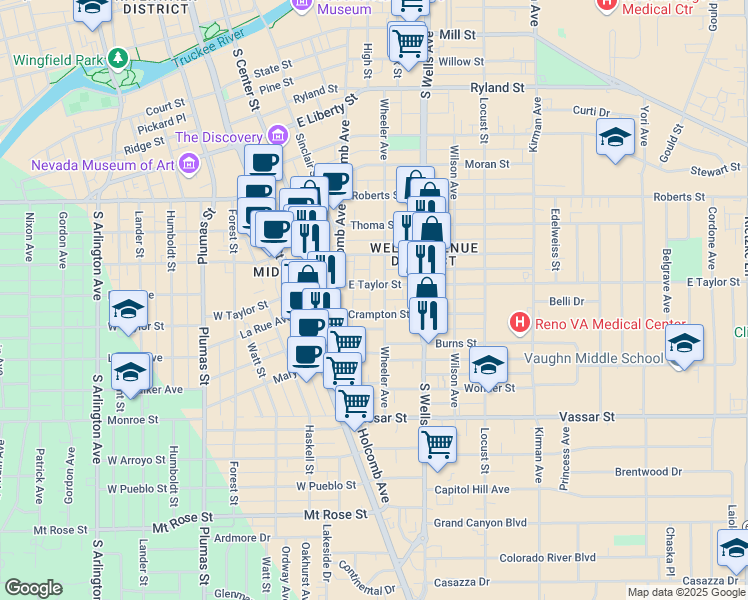 map of restaurants, bars, coffee shops, grocery stores, and more near 837 Wheeler Avenue in Reno