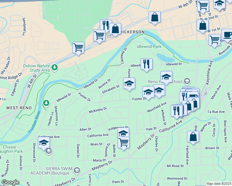 map of restaurants, bars, coffee shops, grocery stores, and more near 90 Cynthia Place in Reno