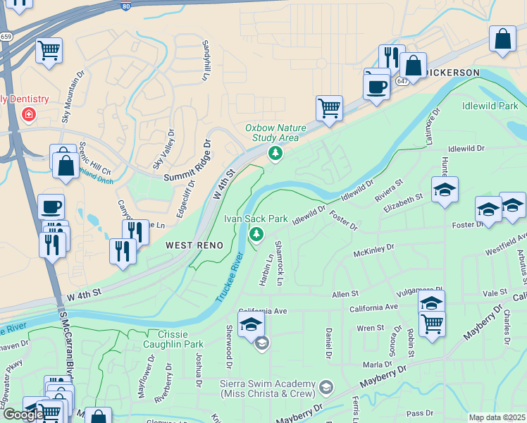 map of restaurants, bars, coffee shops, grocery stores, and more near 2875 Idlewild Drive in Reno