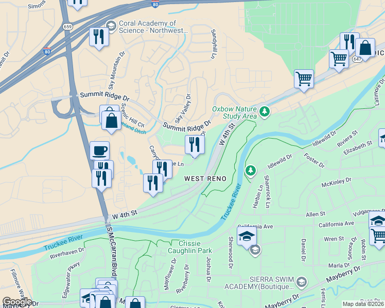 map of restaurants, bars, coffee shops, grocery stores, and more near 950 Edgecliff Drive in Reno