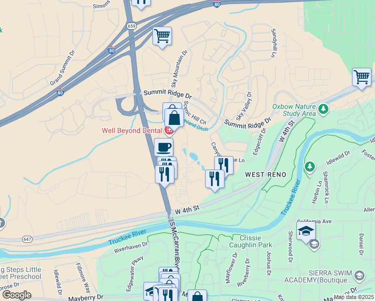 map of restaurants, bars, coffee shops, grocery stores, and more near 850 Twin Lakes Drive in Reno