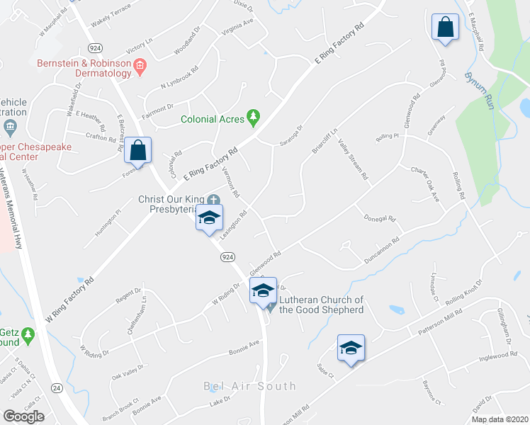 map of restaurants, bars, coffee shops, grocery stores, and more near 100 Briarcliff Lane in Bel Air