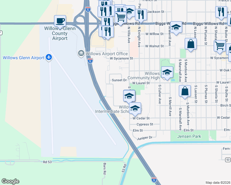 map of restaurants, bars, coffee shops, grocery stores, and more near 360 El Dorado Avenue in Willows