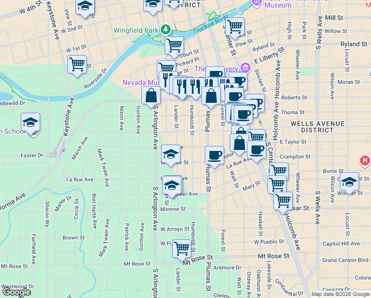 map of restaurants, bars, coffee shops, grocery stores, and more near 762 Humboldt Street in Reno