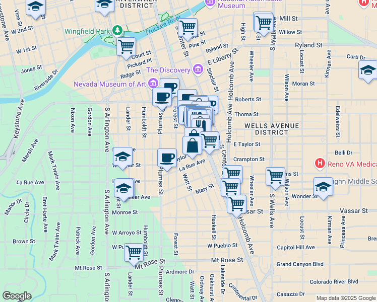 map of restaurants, bars, coffee shops, grocery stores, and more near 111 West Taylor Street in Reno