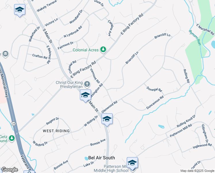 map of restaurants, bars, coffee shops, grocery stores, and more near 100 Briarcliff Lane in Bel Air