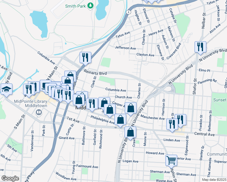 map of restaurants, bars, coffee shops, grocery stores, and more near 1608 Columbia Avenue in Middletown
