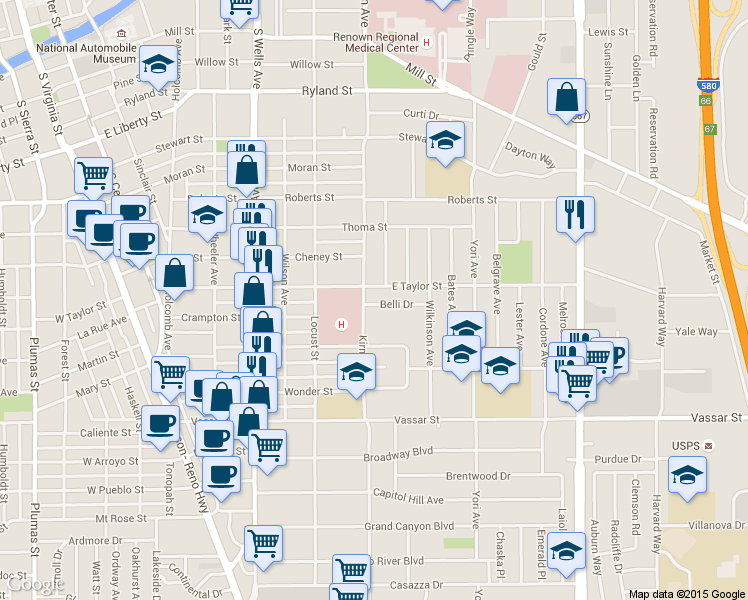 map of restaurants, bars, coffee shops, grocery stores, and more near 815 East Taylor Street in Reno