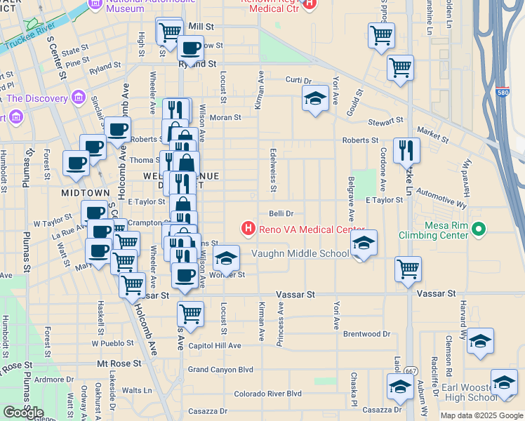 map of restaurants, bars, coffee shops, grocery stores, and more near 815 East Taylor Street in Reno