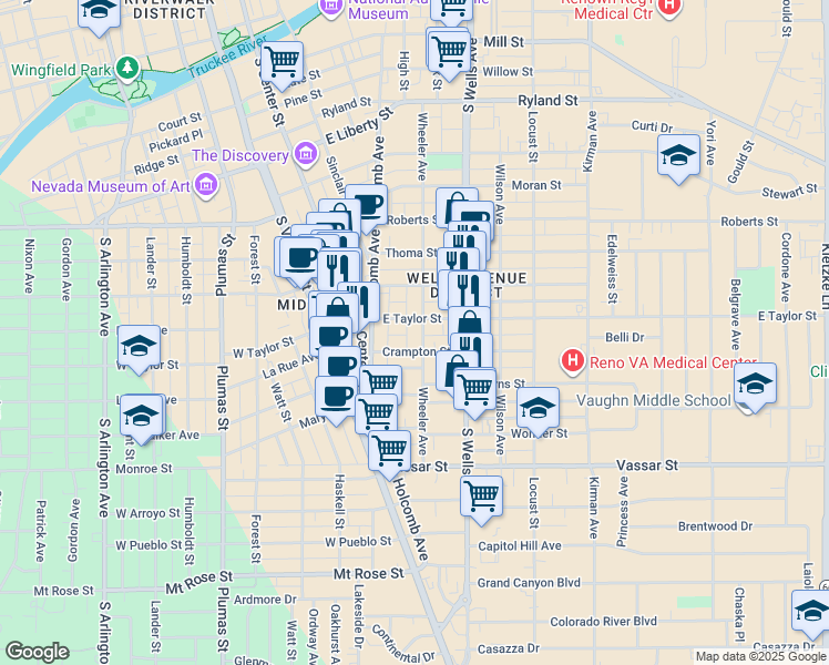 map of restaurants, bars, coffee shops, grocery stores, and more near 837 Wheeler Avenue in Reno