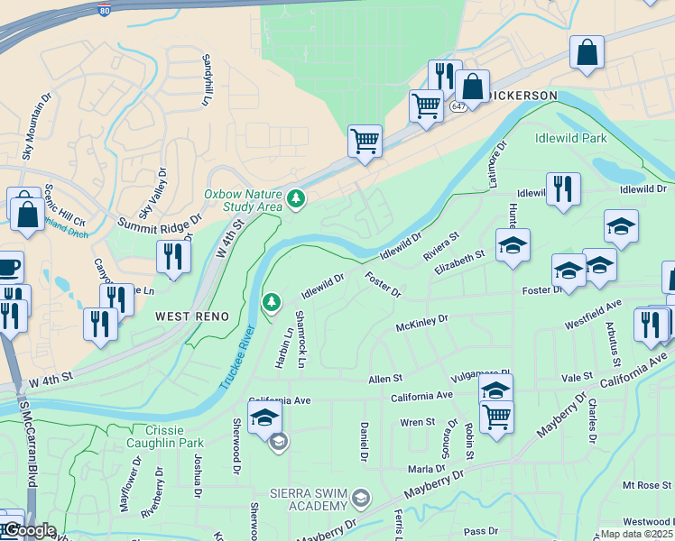 map of restaurants, bars, coffee shops, grocery stores, and more near 2845 Idlewild Drive in Reno