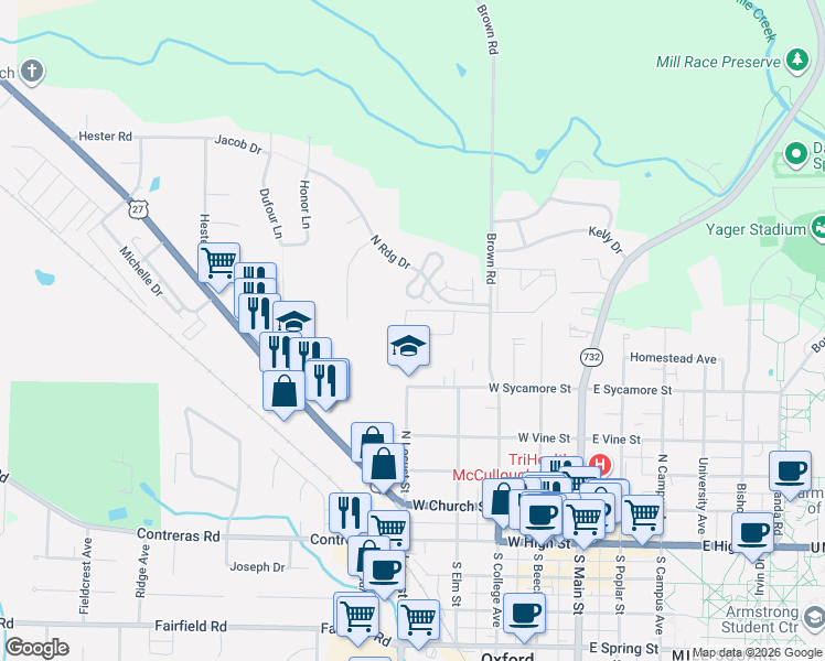 map of restaurants, bars, coffee shops, grocery stores, and more near 12 Applewood Circle in Oxford