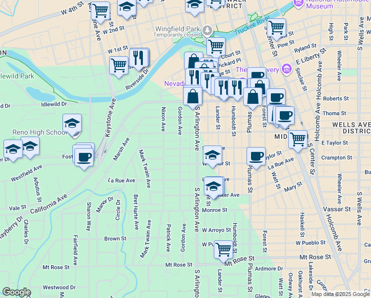 map of restaurants, bars, coffee shops, grocery stores, and more near 540 Reno Avenue in Reno