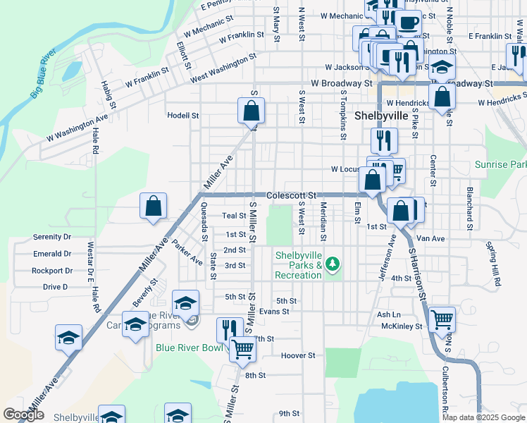 map of restaurants, bars, coffee shops, grocery stores, and more near 710 South Miller Street in Shelbyville