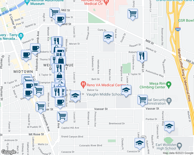 map of restaurants, bars, coffee shops, grocery stores, and more near 845 Belli Drive in Reno