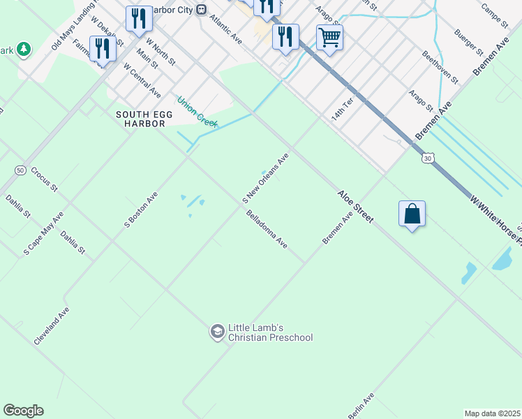 map of restaurants, bars, coffee shops, grocery stores, and more near 1219 Belladonna Avenue in Galloway