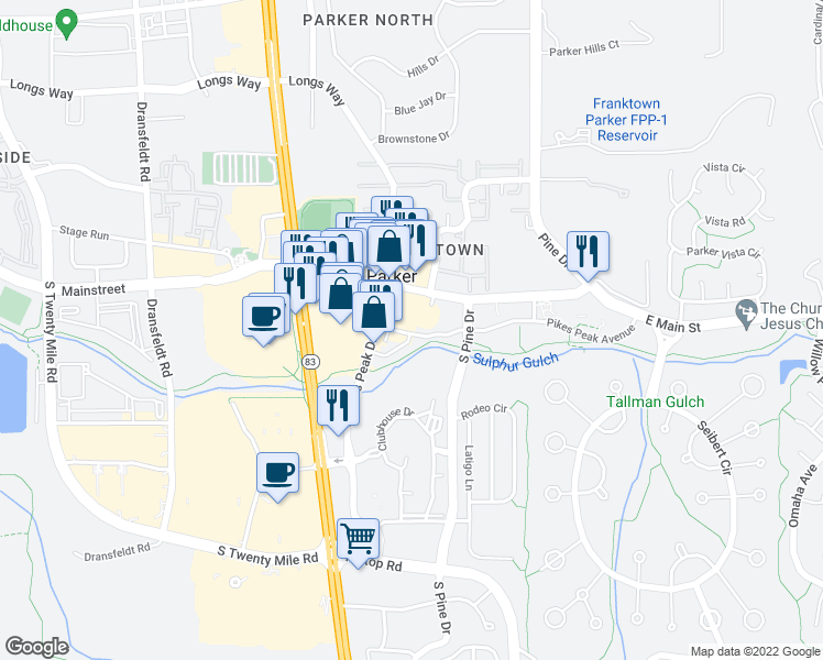 map of restaurants, bars, coffee shops, grocery stores, and more near 19755 Pikes Peak Avenue in Parker