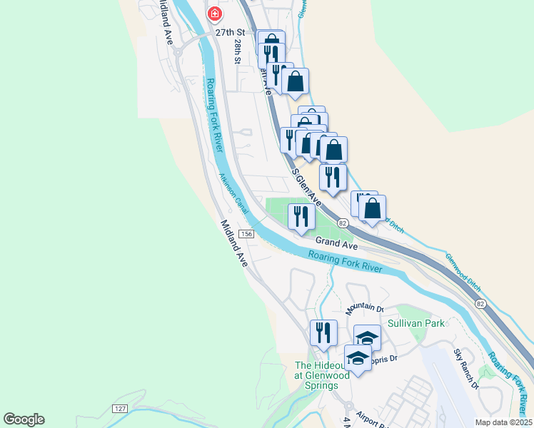 map of restaurants, bars, coffee shops, grocery stores, and more near 3322 Grand Avenue in Glenwood Springs